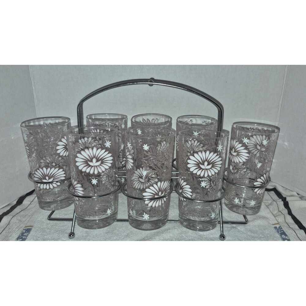 Vtg Mid-Century (8) TODD Painted Daisy 10oz Glasses Metal holder Caddy Carrier